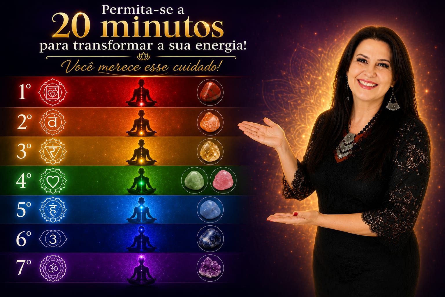 Arte da Terapeuta Bianca: os sete chakras, cada um com o seu yantra, a sua cor e o seu cristal, e ela ao lado